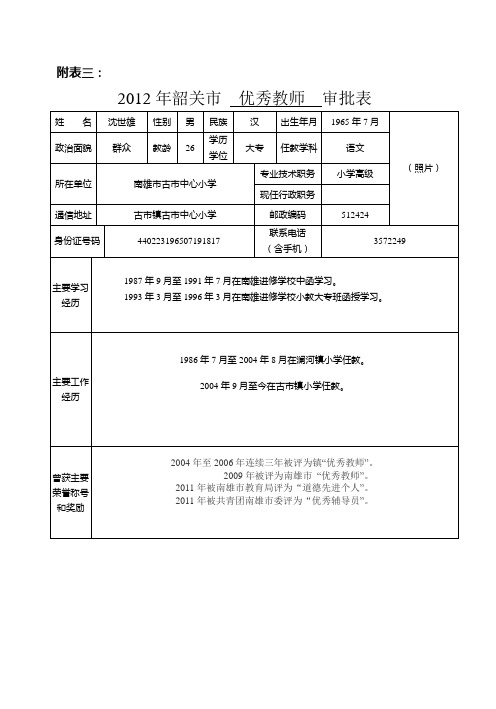 优秀教师推荐表格