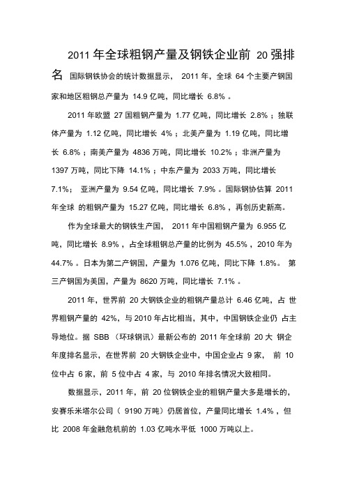 2011年全球粗钢产量及钢铁企业前20强排名