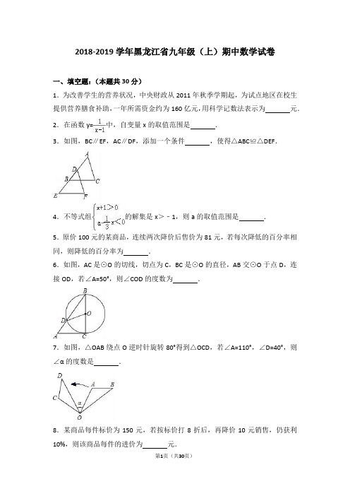 2018-2019学年黑龙江省九年级(上)期中数学试卷