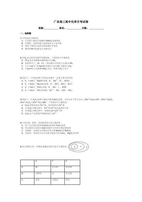 广东高三高中化学月考试卷带答案解析
