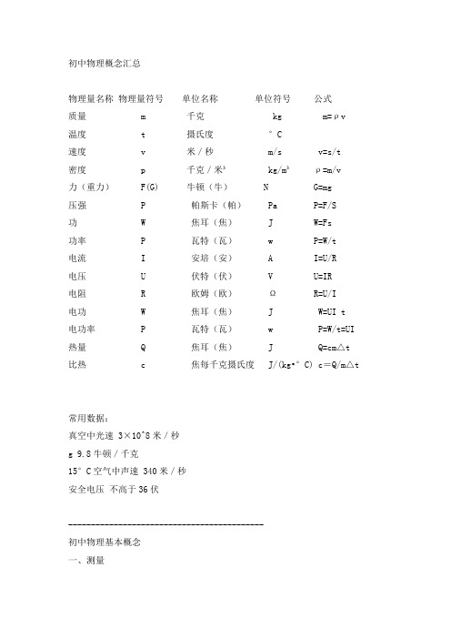 初三物理基本概念和公式