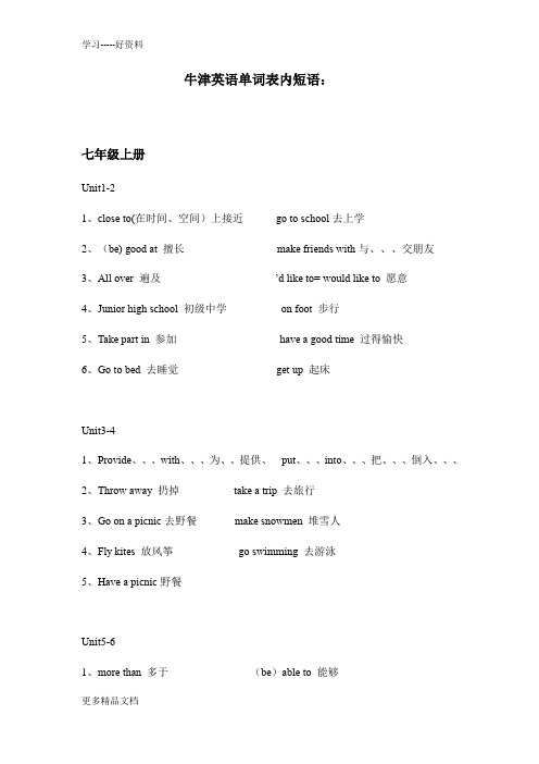 深圳牛津英语新版七至九年级单词表内短语汇编