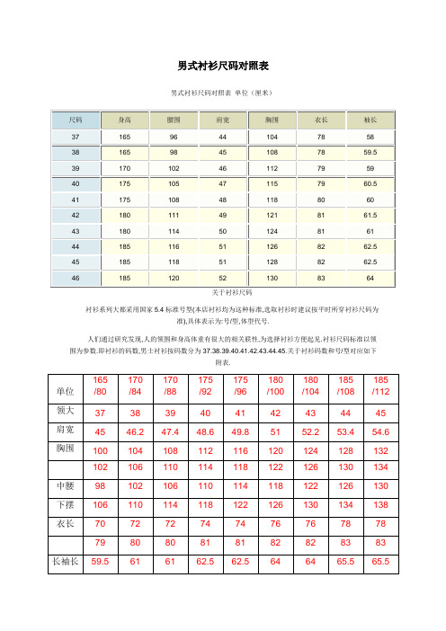 男式衬衫尺码对照表