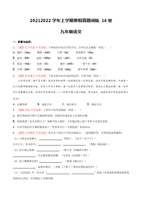 14卷-2021-2022学年九年级语文上学期寒假作业真题训练卷(原卷版)