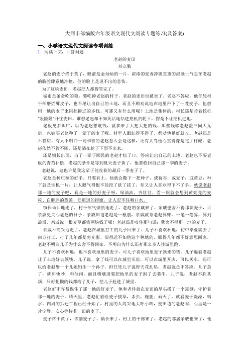 大同市部编版六年级语文现代文阅读专题练习(及答案)