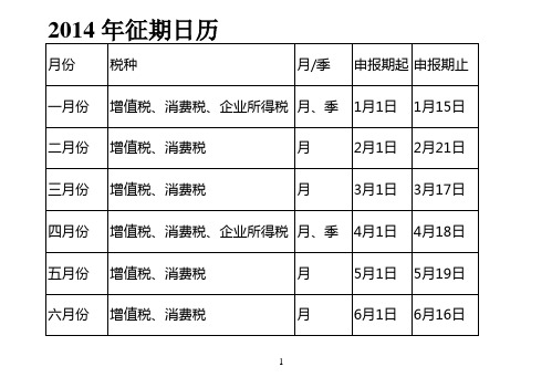 2014年征期日历