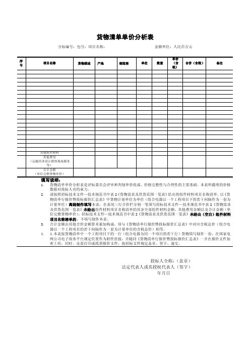 货物清单单价分析表