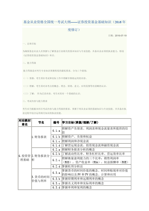 基金从业资格全国统一考试大纲——证券投资基金基础知识(2016年度修订)