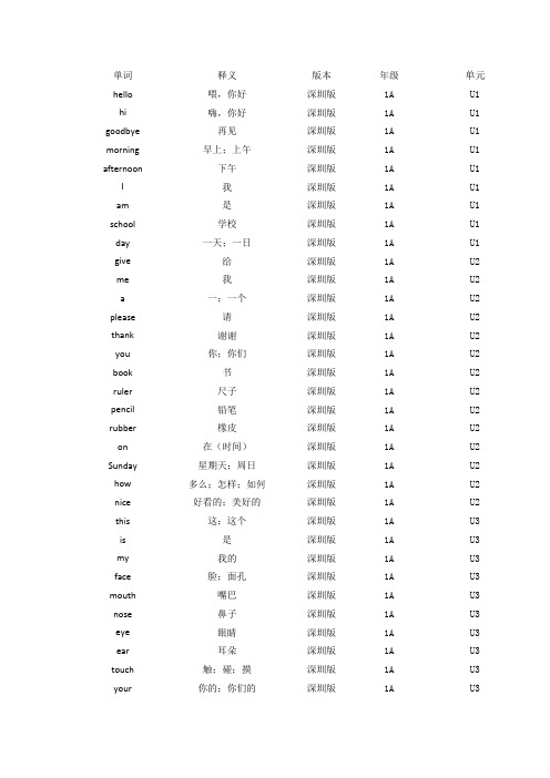 牛津深圳版一年级单词