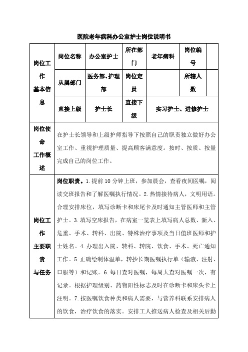 医院老年病科办公室护士岗位说明书