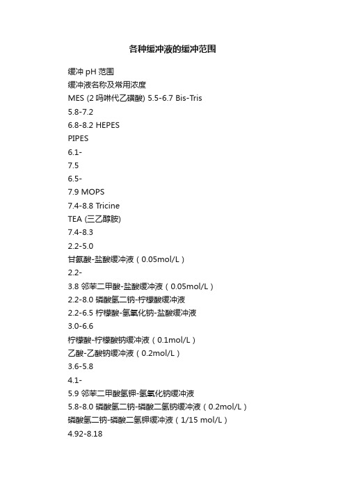 各种缓冲液的缓冲范围