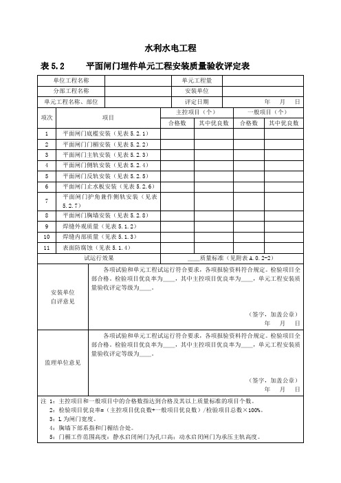 2012水利水电工程平面闸门预埋件安装质量验收评定表