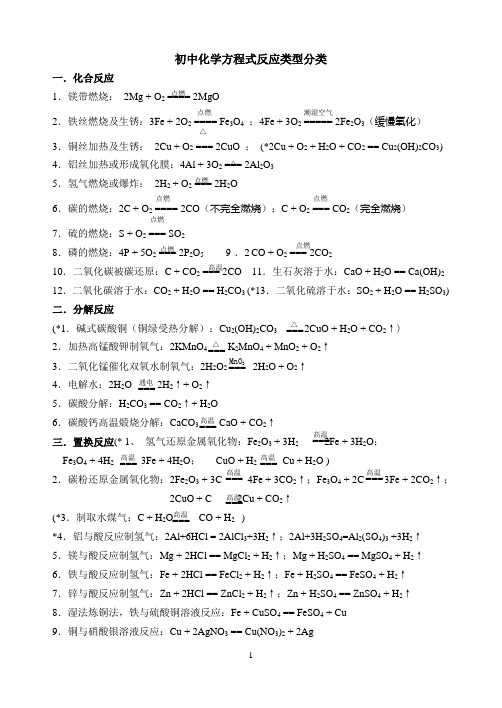 初中化学方程式反应类型分类