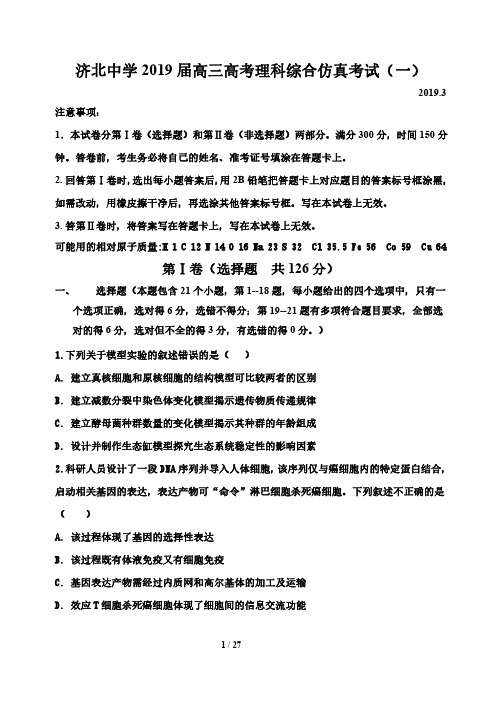 山东省济南市济北中学2019届高三高考仿真考试(一)理科综合试题及答案解析