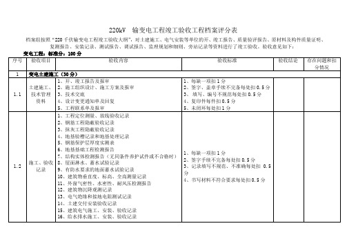 220kV输变电工程档案竣工验收评分标准