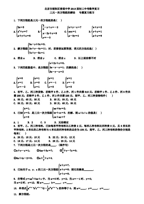 北京市朝阳区2019届中考《三元一次方程组的解法》专题练习含答案