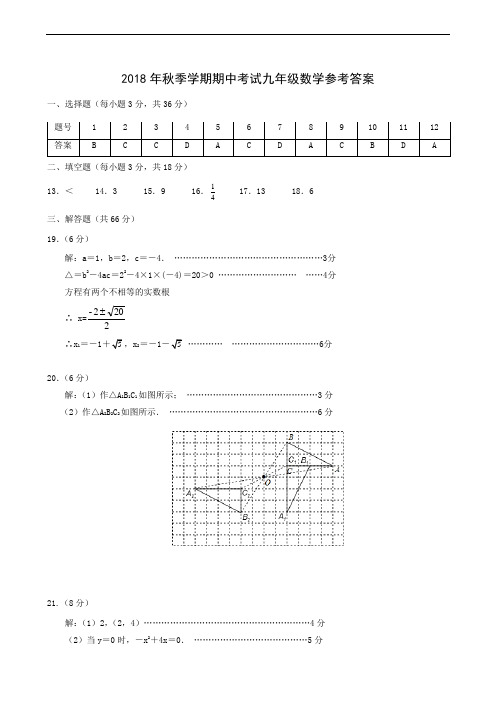 2018年秋期中考试(九年级)数学参考答案