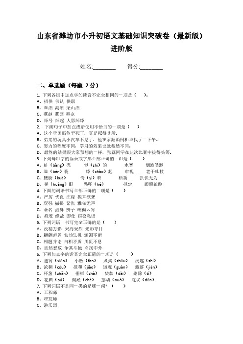 山东省潍坊市小升初语文基础知识突破卷(最新版)进阶版