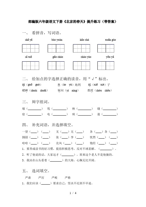 部编版六年级语文下册《北京的春天》提升练习(带答案)