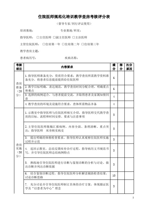 住院医师规范化培训教学查房考核评分表