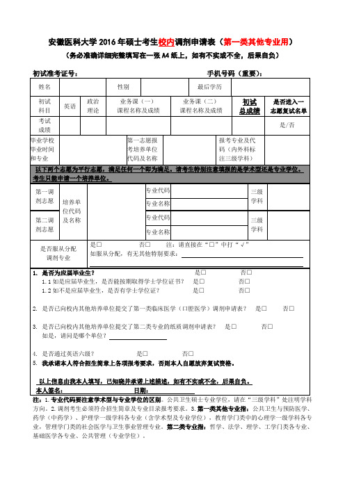 安徽医科大学2016年硕士考生校内调剂申请表(第一类其他专