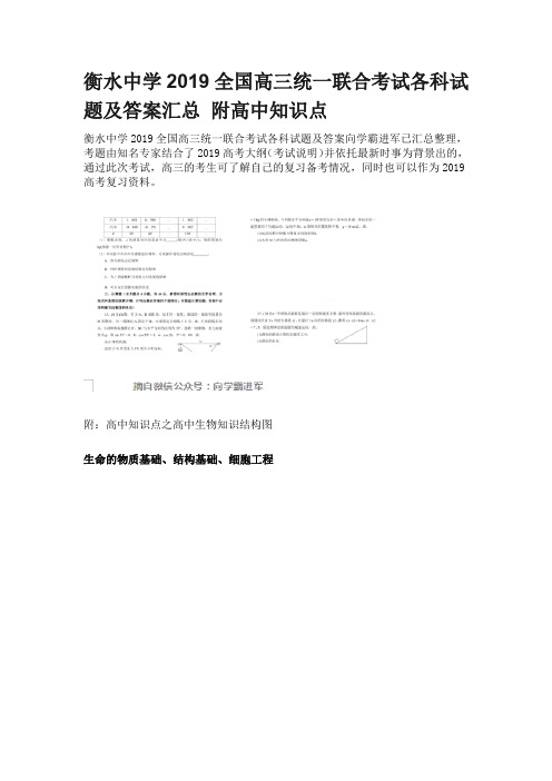 衡水中学2019全国高三统一联合考试各科试题及答案汇总 附高中知识点