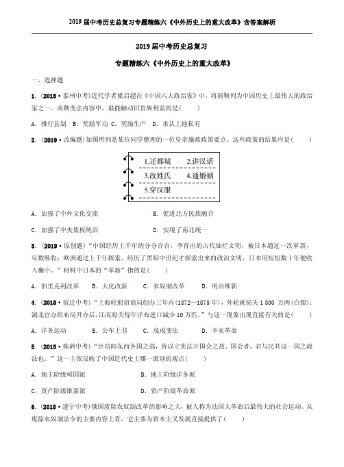 2019届中考历史总复习专题精练六《中外历史上的重大改革》含答案解析