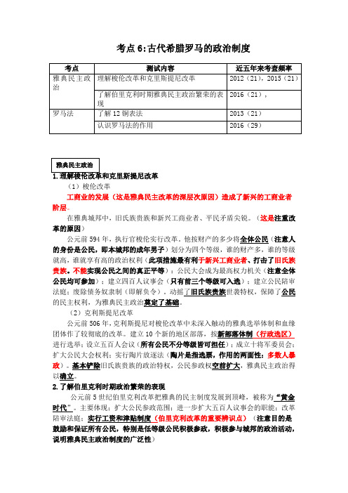 2018年高考历史高频考点复习讲义——考点6:古代希腊罗马的政治制度