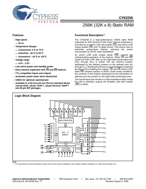 CY62256 32K x 8 位 CMOS 静态 RAM 数据手册说明书