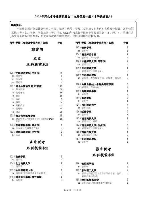 2015年河北省普通高校招生二志愿征集计划(本科提前批B