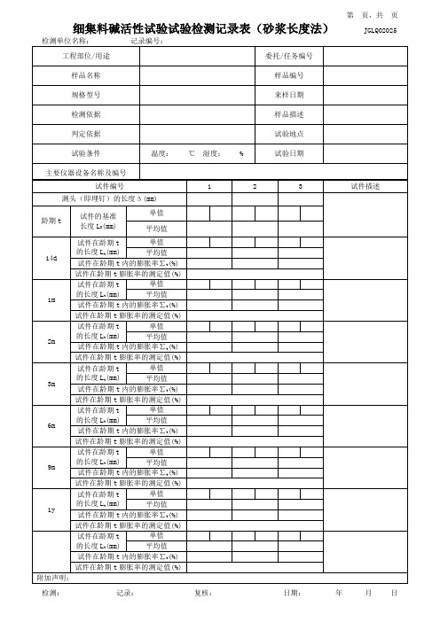 细集料碱活性试验试验检测记录表(砂浆长度法)