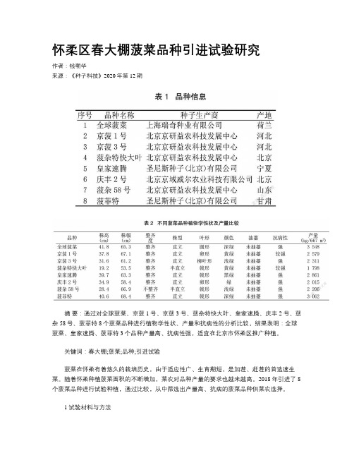 怀柔区春大棚菠菜品种引进试验研究