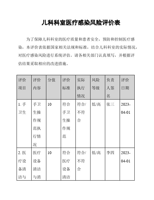 儿科科室医疗感染风险评价表