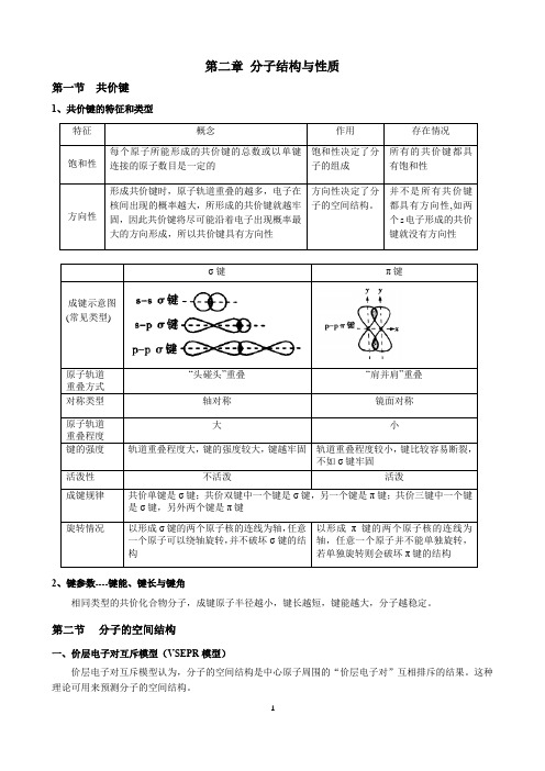 第二章 分子结构与性质 知识点 2020-2021学年高二化学人教版(2019)选择性必修2