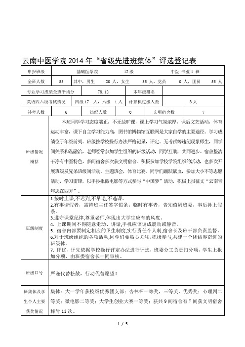 云南中医学院2014年省级先进班集体评选登记表