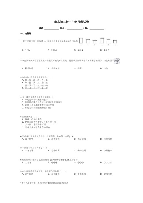 山东初二初中生物月考试卷带答案解析
