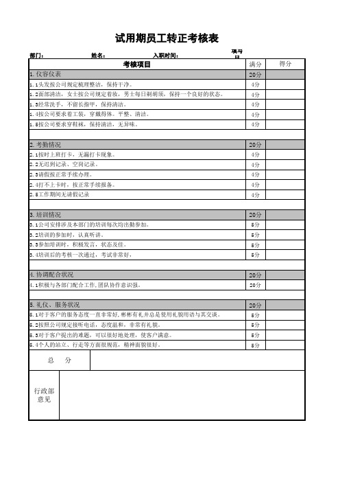 人事表格-试用期员工转正考核表