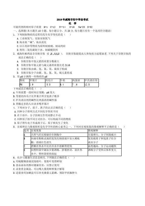 中考真题-2019年山东省威海市 化学中考真题