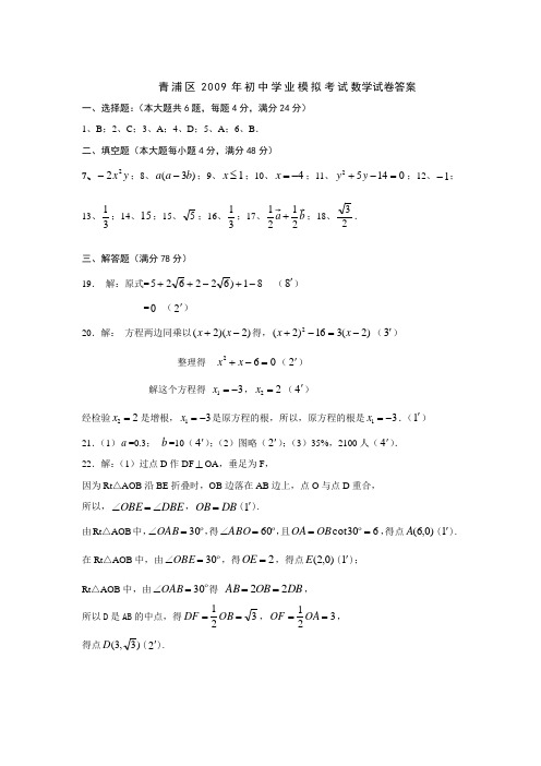 青浦区2009年初中学业模拟考试数学试卷答案