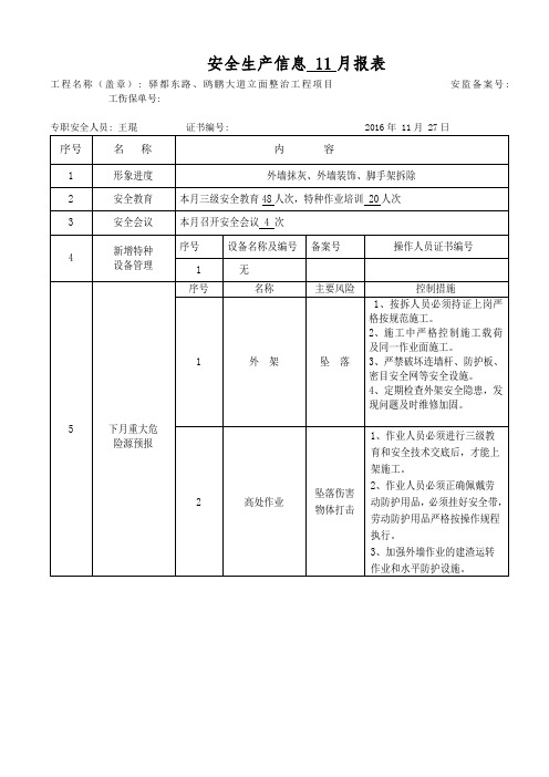 安全生产信息11月报表(欧鹏大道) 