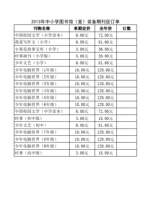 2013年中小学图书馆(室)装备期刊征订单