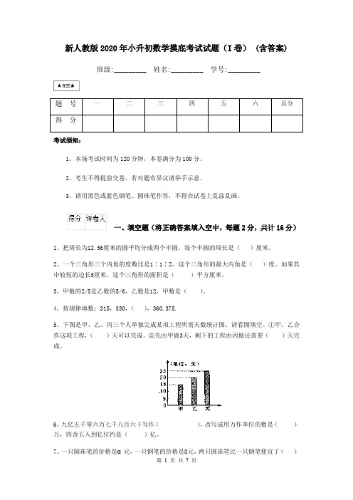 新人教版2020年小升初数学摸底考试试题(I卷) (含答案)
