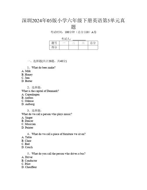 深圳2024年05版小学六年级下册第六次英语第5单元真题