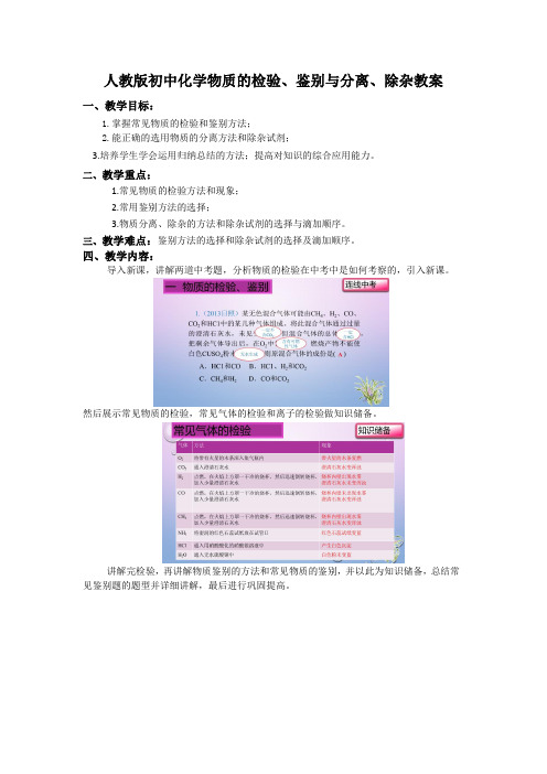 人教版初中化学 物质的检验、鉴别与分离、除杂教案设计