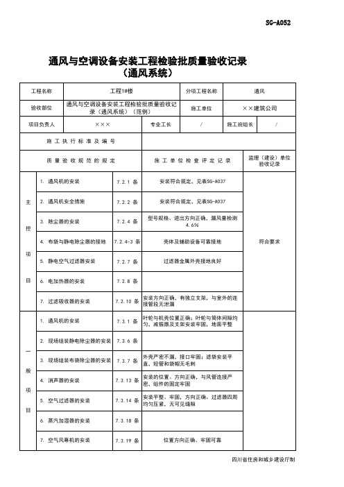 通风与空调设备安装工程检验批质量验收记录(通风系统)(范例)