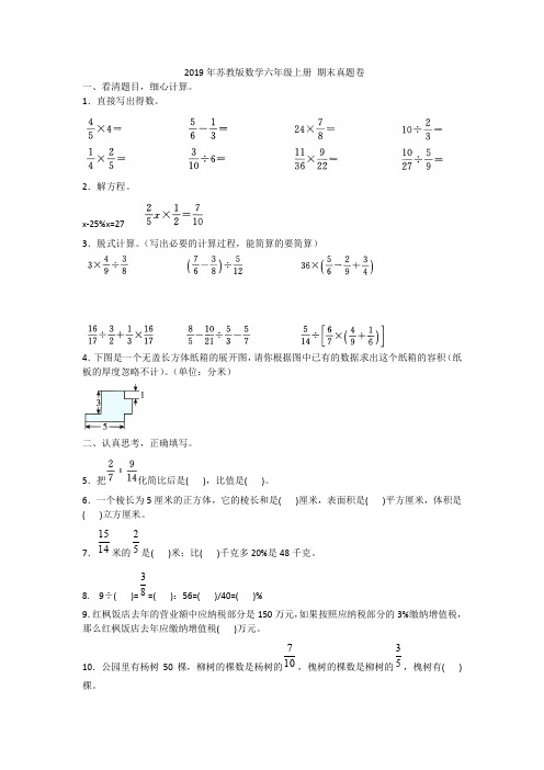 六年级上册数学试题- 期末真题卷苏教版(2014秋)含答案