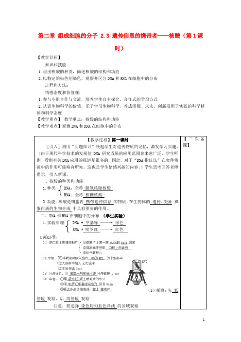 江苏省江阴市高中生物 第二章 组成细胞的分子 2.3 遗传信息的携带者──核酸(第1课时)教案 新人教版必修1