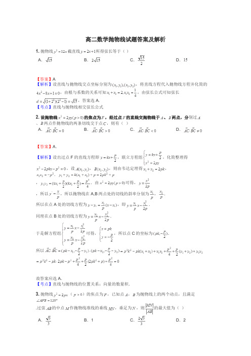 高二数学抛物线试题答案及解析
