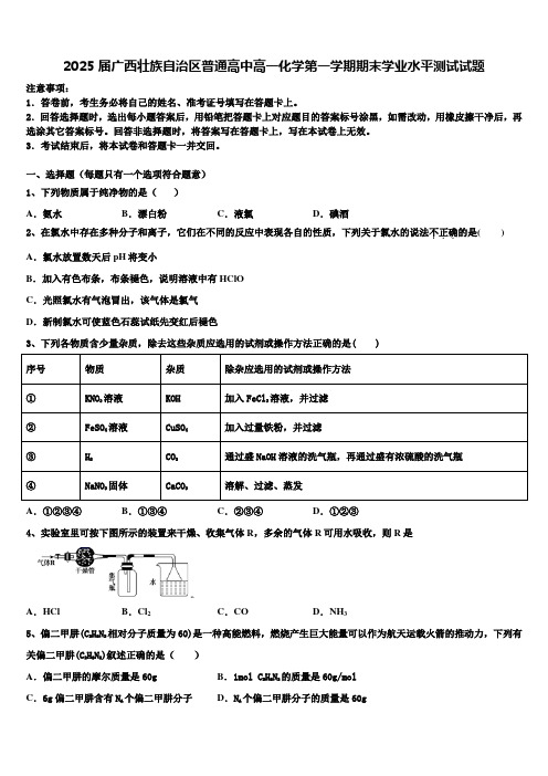 2025届广西壮族自治区普通高中高一化学第一学期期末学业水平测试试题含解析