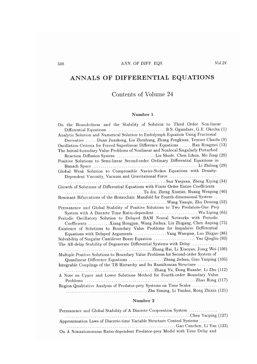 ANNALS OF DIFFERENTIAL EQUATIONS Contents of Volume 24